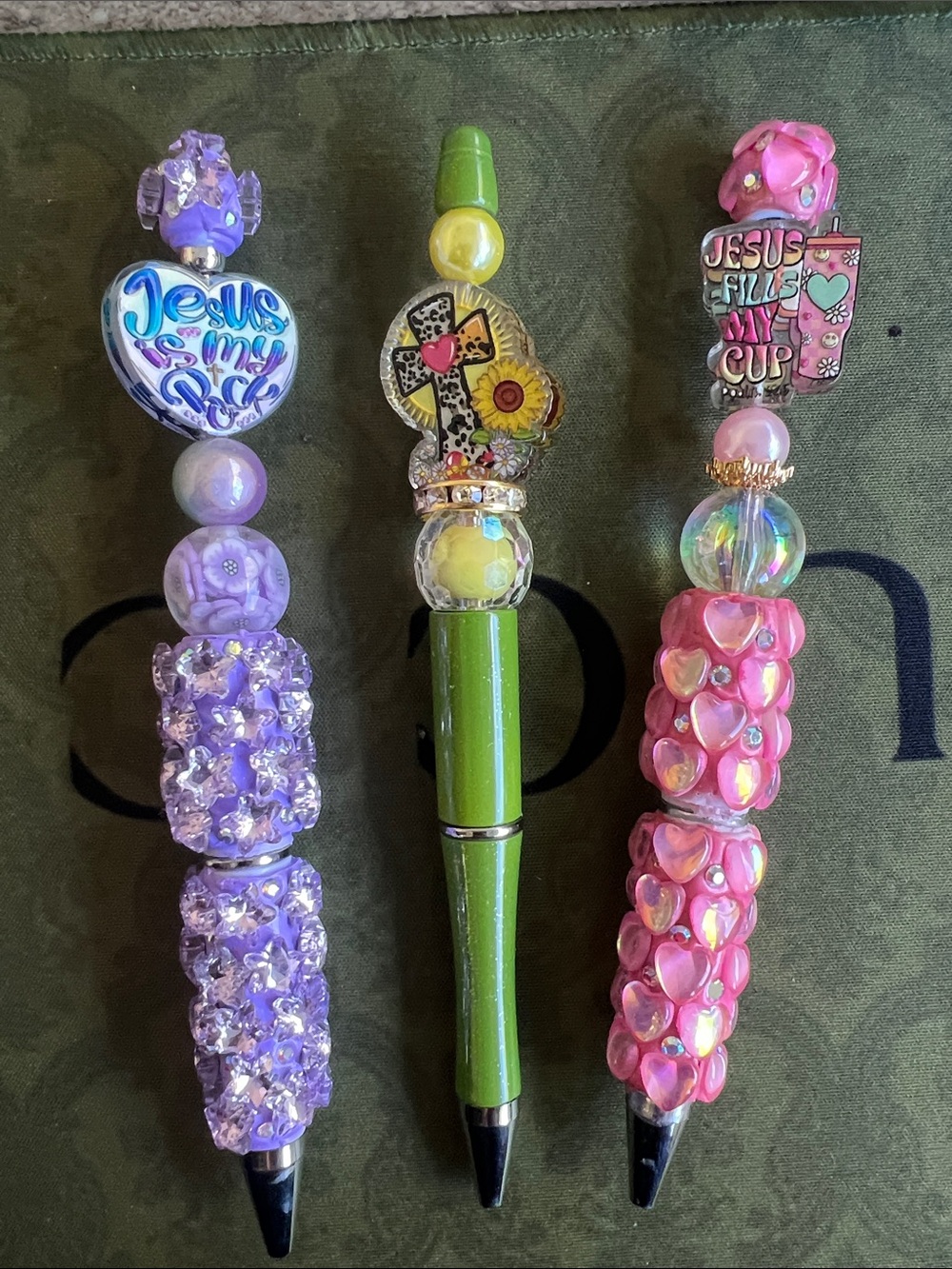 3x pens Jesus is my Rock cross Jesus fills my cup Beaded Pen purple pink green